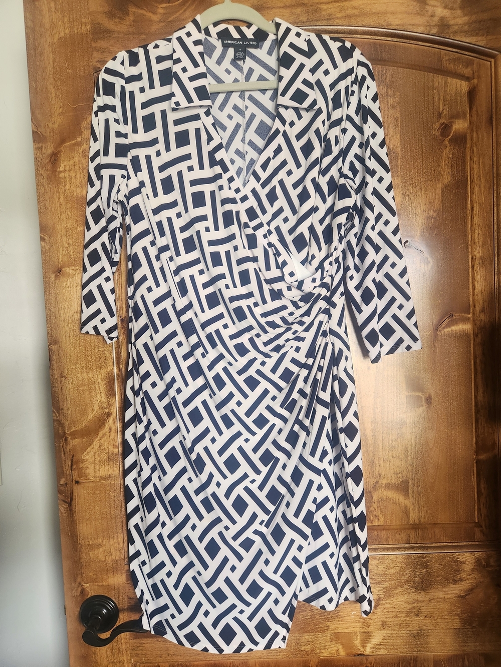 American Living Navy & White Geometric Faux-Wrap Midi Dress